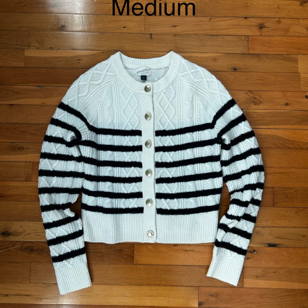 Universal Thread White and Black Striped Cable-Knit Button Cardigan